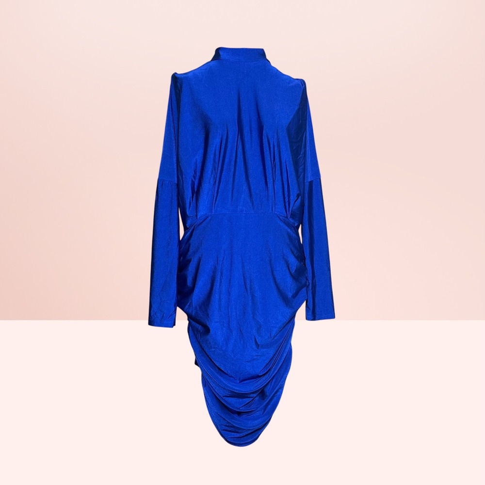 AX Paris Ruched Bodycon Dress Cobalt Blue Mock Neck Batwing Size 12 Sexy Party